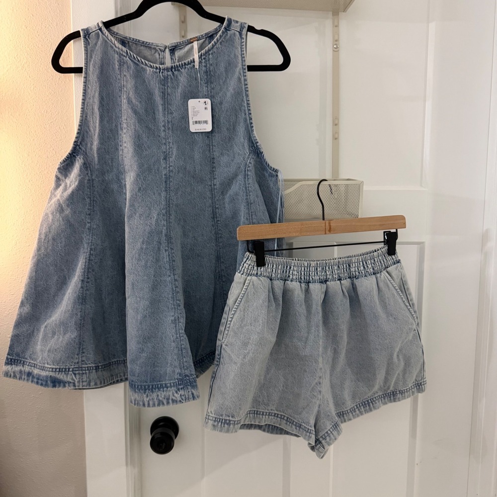 Free People Cassius Denim Matching Set Blue Sleeveless Tunic Shorts S New*